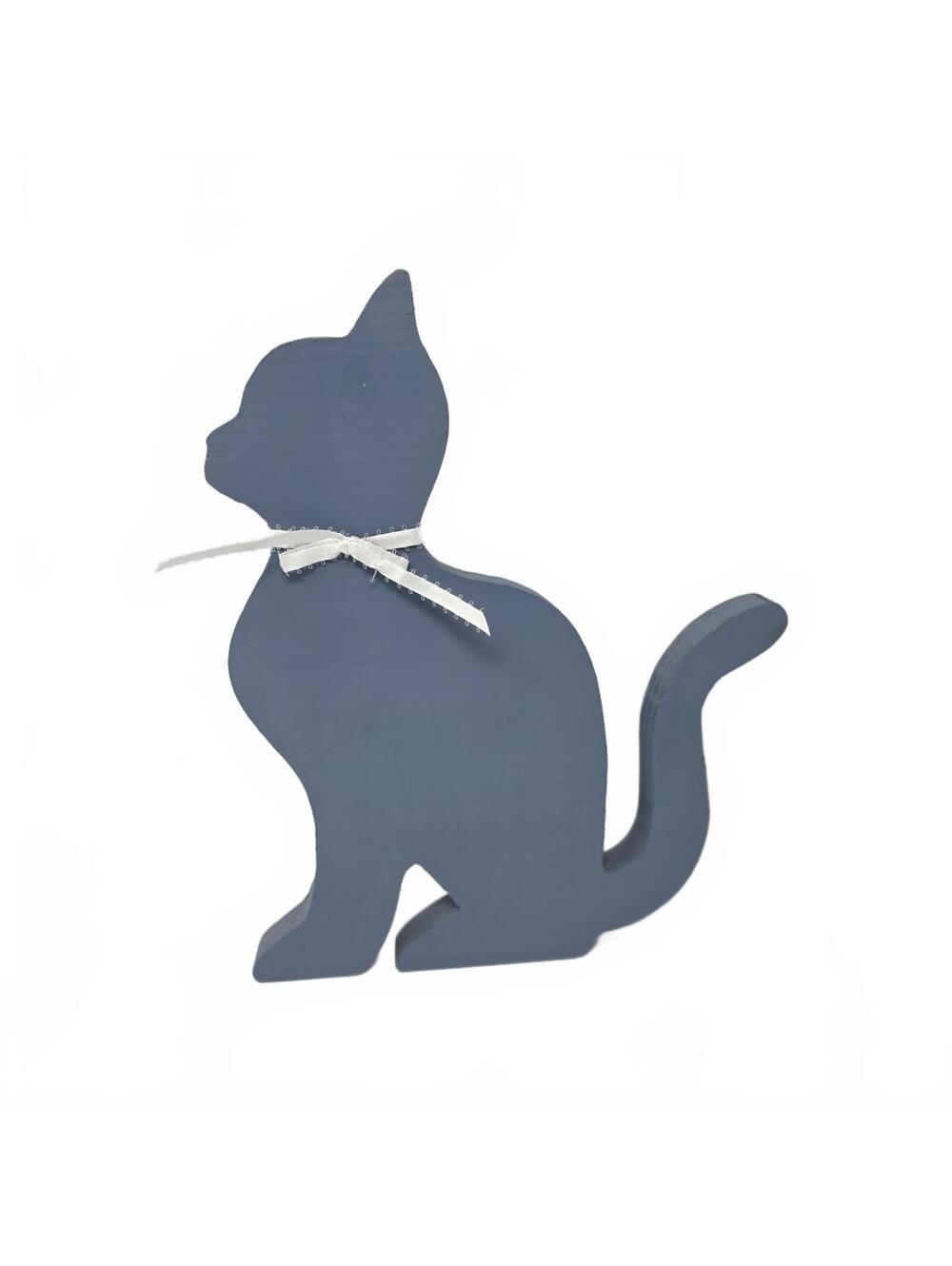 Vintage Wooden Blue Cat Silhouette Decoration with White Ribbon Hand Made